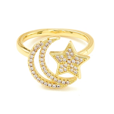 Clear Cubic Zirconia Moon and Star Open Cuff Ring for Women ZIRC-P096-15G-1