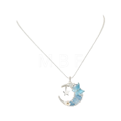 Natural Aquamarine Wire Wrapped Moon with Acrylic Butterfly Pendant 304 Stainless Steel Ball Chain Necklaces NJEW-TA00266-01-1