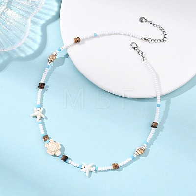 Boho Sea Turtle & Starfish Shell & Synthetic Turquoise Beaded Necklaces NJEW-JN06015-1