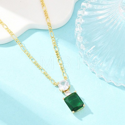 Brass Pave Clear Cubic Zirconia & Green Glass Perfume Bottle Pendant Figaro Chain Necklaces for Women NJEW-F364-02G-1