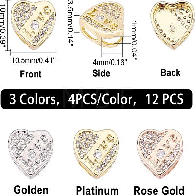 12Pcs 3 Colors Brass Micro Pave Clear Cubic Zirconia Slide Charms KK-FH0002-83-1