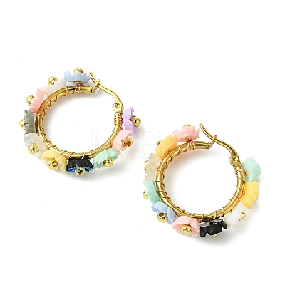 201 Stainless Steel & Resin Beaded Flower Hoop Earrings EJEW-JE07175-01-1