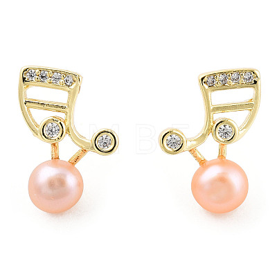 Pearl Pink Natural Pearl Musical Note Stud Earrings with Cubic Zirconia EJEW-T019-05G-1