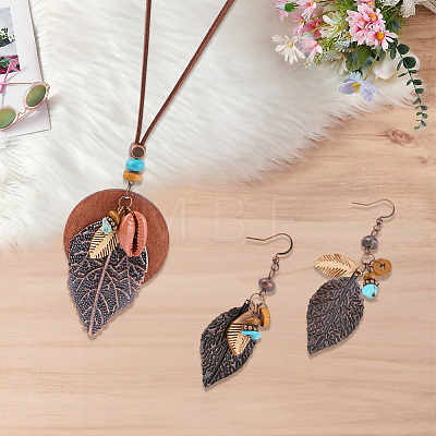 Bohemian Style Leaf Alloy & Wood Pendant Necklaces & Dangle Earrings Sets SJEW-CL0001-03-1