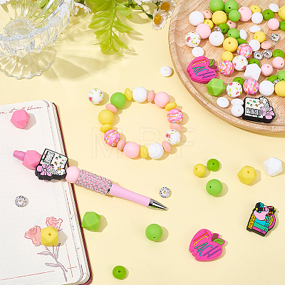 95Pcs 21 Styles Printed Round Silicone Focal Beadsm with 10Pcs Brass Rhinestone Spacer Beads SIL-BM0001-12-1