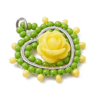 Glass Seed Beaded Heart with Rose Pendants PALLOY-MZ01030-02-1
