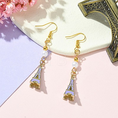Alloy Enamel Eiffel Tower Dangle Earrings with Imitation Pearl Beaded EJEW-JE05422-02-1