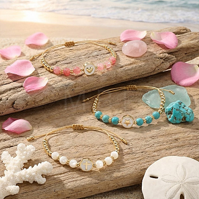 3Pcs Minimalist Adjustable Synthetic Turquoise & Watermelon Stone Glass & Natural Shell Beads Braided Bead Bracelets SR5600-5-1