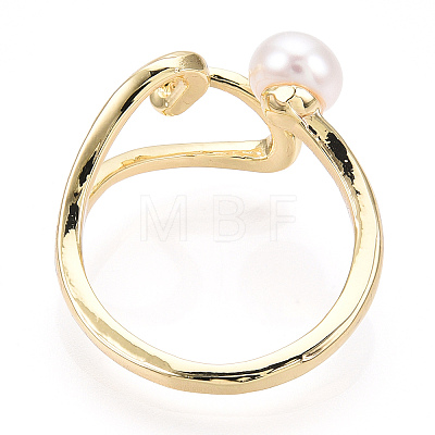 Brass Hollow Heart Open Cuff Rings with Natural Pearl PEAR-N020-05L-1