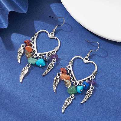 Alloy Heart & Feathter Woven Net Chandelier Earrings EJEW-JE05423-1