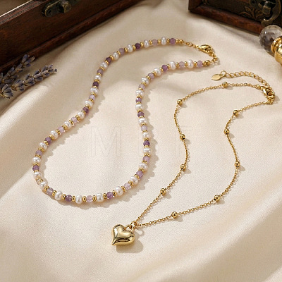 304 Stainless Steel Heart Pendant White Faux Pearl and Natural Amethyst Faceted Round Beaded Double Layer Necklaces for Women JN5423-1-1