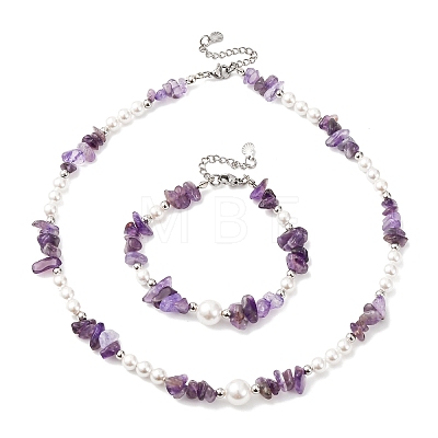 Natural Amethyst Chip Beads Bracelets & Necklaces Sets SJEW-JS01357-01-1