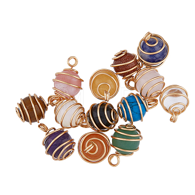 1 set Natural & Synthetic Mixed Gemstone Copper Wire Wrapped Round Charms G-FH0002-08-1