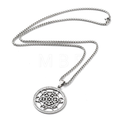 Crystal Rhinestone Flat Round with Hexgon Pendant Necklace with 304 Stainless Steel Box Chains NJEW-K253-11P-1