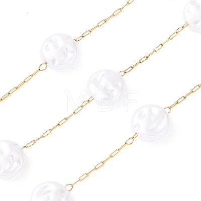 304 Stainless Steel & ABS Plastic Pearl Flat Round Bead Cable Chains CHS-G048-03G-1