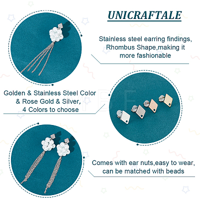 Unicraftale 32Pcs 4 Color 201 Stainless Steel Rhombus Stud Earring Findings STAS-UN0047-06-1