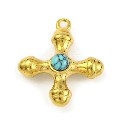 Synthetic Turquoise & 304 Stainless Steel Cross Pendants STAS-H221-01G-03-1