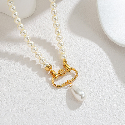 Faux Pearl Teardrop & 304 Stainle Steel Pendant Beaded Necklaces for Women WGF56ED-01-1