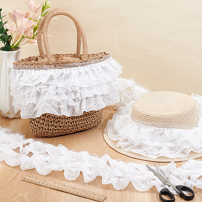 Polyester Lace Pleated Ribbons SRIB-WH0011-467B-1