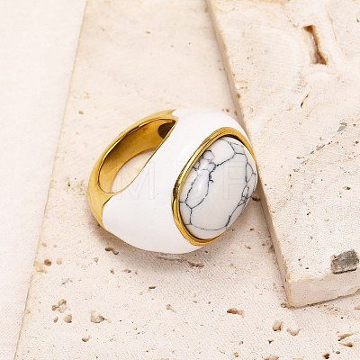 Oval 304 Stainless Steel with Natural Howlite Finger Rings FS-WGC5475-10-1
