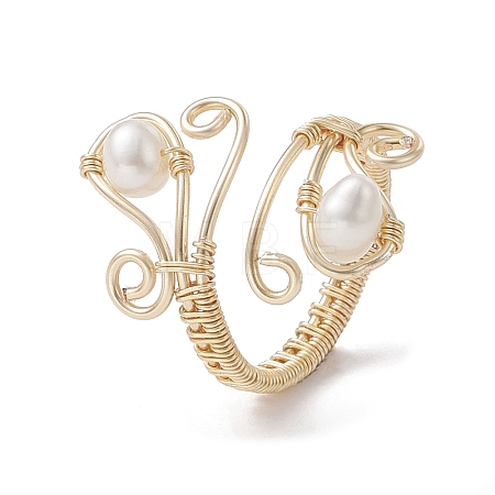 Copper Wire Wrapped Natural Cultured Freshwater Pearl Open Ring RJEW-JR00629-1