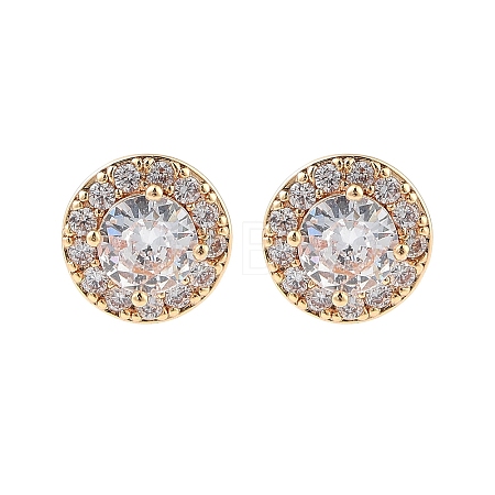 Rack Plating Flat Round Brass Clear Cubic Zirconia Stud Earrings EJEW-M090-19G-03-1