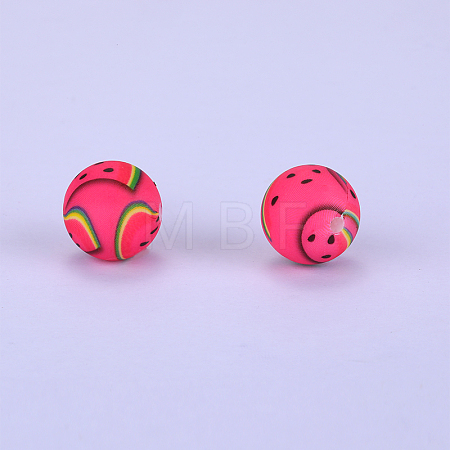 Printed Round with Watermelon Pattern Silicone Focal Beads SI-JX0056A-198-1