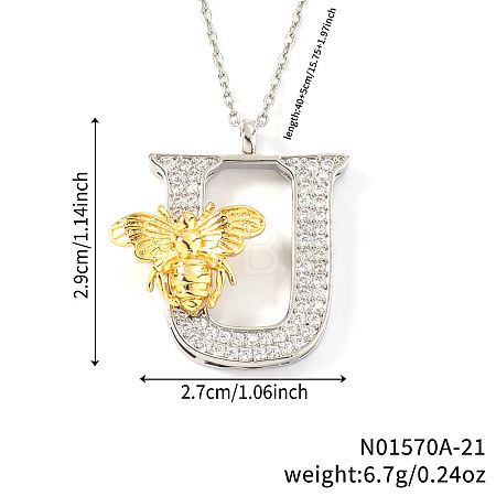 Brass Micro Pave Clear Cubic Zirconia Bee Initial Pendant Necklaces FS-WGF5E80-21-1