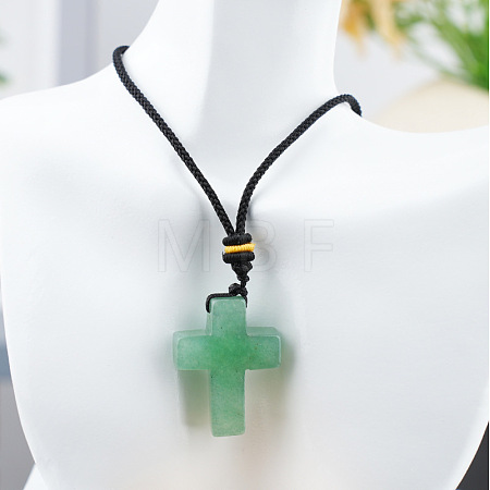 Natural Green Aventurine Cross Pendant Black Cotton Cord Necklaces FS-WG3ED65-08-1
