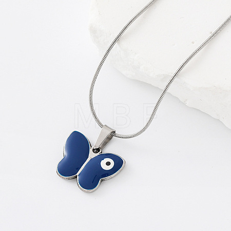 304 Stainless Steel Enamel Evil Eye Butterfly Pendant Necklaces for Men Women EX1242-1-1