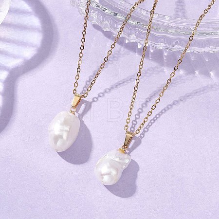 Natural Baroque Edison Keshi Pearl Oval Pendant 304 Stainless Steel Cable Chain Necklaces NJEW-JN05963-1