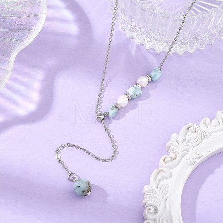 Natural Larimar Round Pendant Brass Cable Chain Lariat Y Necklaces with Natural Pearl for Women NJEW-JN06611-02-1
