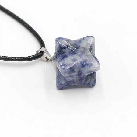 Natural Blue Spot Jasper Geometric Hexagram Star Pendant Necklaces with Black Cords VZ1120-2-1