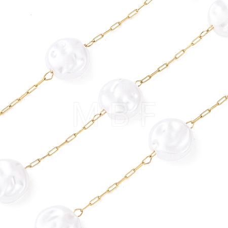 304 Stainless Steel & ABS Plastic Pearl Flat Round Bead Cable Chains CHS-G048-03G-1