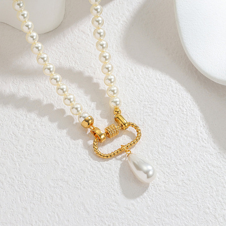 Faux Pearl Teardrop & 304 Stainle Steel Pendant Beaded Necklaces for Women WGF56ED-01-1
