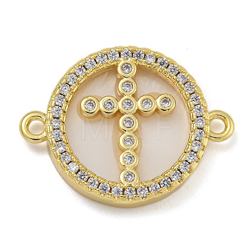 Rack Plating Brass Micro Pave Clear Cubic Zirconia Flat Round Connector Charms KK-I718-47G-04-1