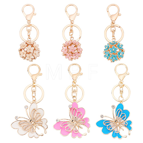 6Pcs 6 Style Butterfly & Flower Pendant Keychain KEYC-CP0001-09-1