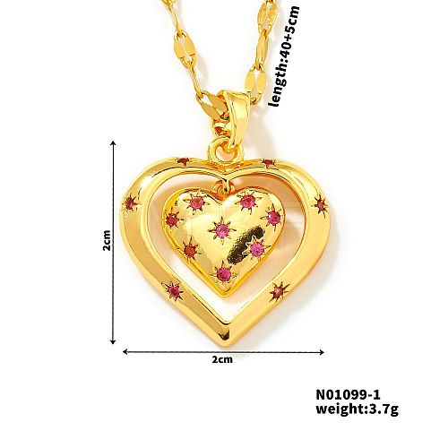 Brass Pave Cubic Zirconia Hollow Double Heart Pendant Necklace PL5801-1-1