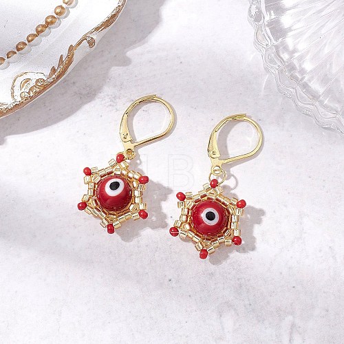 Star of David & Evil Eye Handmade Glass Seed Beads Leverback Earrings EJEW-MZ00389-02-1