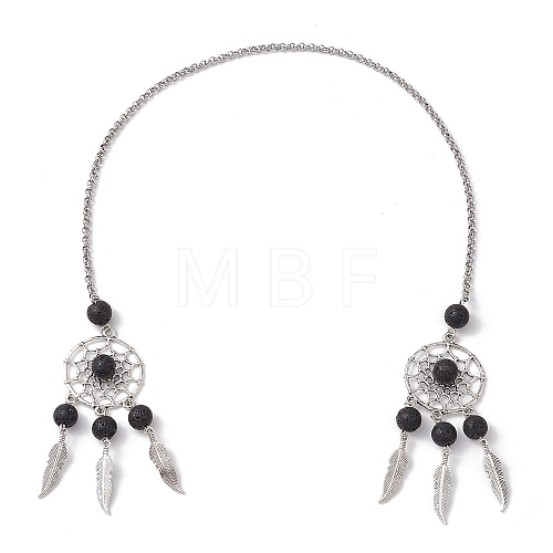 Woven Net/Web with Feather Alloy Pendant Decorations HJEW-JM02298-02-1