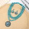 Flower Synthetic Turquoise with Alloy Pendant Necklaces & Stud Dangle Earrings Sets WG550B3-01-1