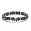 Natural Lava Rock Round Beaded Stretch Bracelet with Alloy Skull BJEW-JB07865-01-1