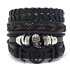 4Pcs 4 Styles Wood Beads Stretch Braceletas & Alloy Artificial Leather Cord Bracelet Sets for Men FS-WG9743B-01-1