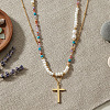 304 Stainless Steel Cross Pendant Paux Pearl & Glass & Natural Mixed Stone Beaded Double Layer Necklaces for Women RM5480-3