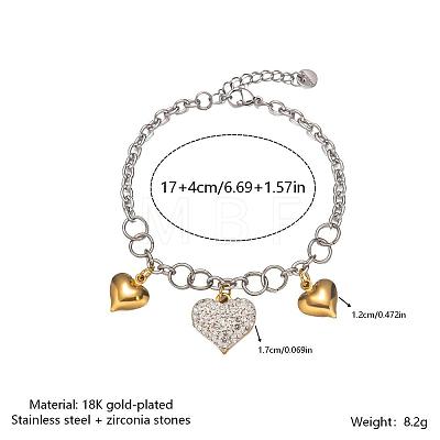 Duo Tone 304 Stainless Steel Crystal Rhinestone Triple Heart Charm Bracelets for Women WG2282A-02-1