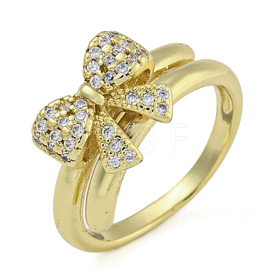 Bowknot Brass Micro Pave Clear Cubic Zirconia Open Cuff Double Rings RJEW-Z046-04G-03-1