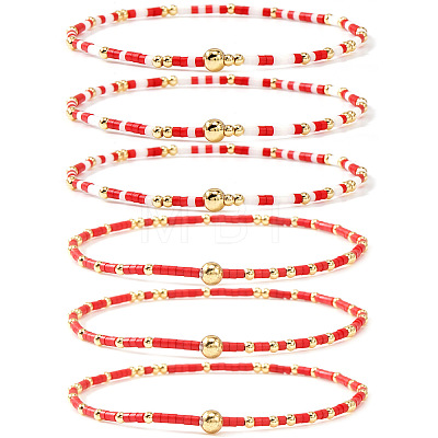 6Pcs Handmade Glass Seed Bead & Brass Beads Stretch Bracelets XZ6120-1-1