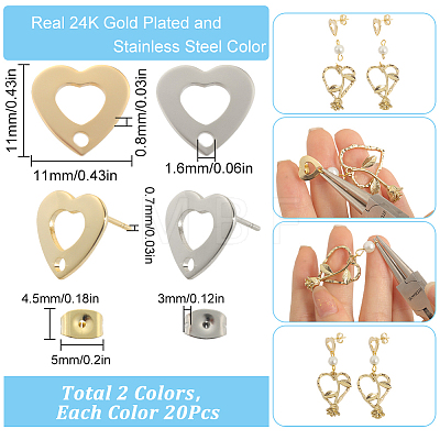 40Pcs 2 Color 201 Stainless Steel Heart Stud Earring Findings STAS-SC0005-30-1
