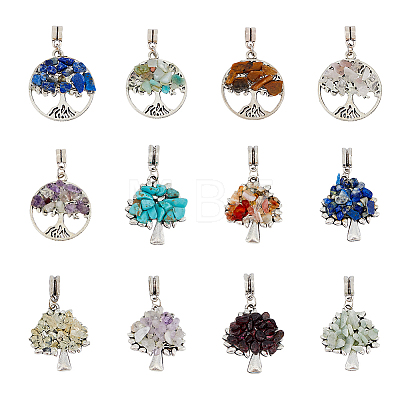 24Pcs 12 Style Natural & Synthetic Gemstone Chip European Dangle Charms Sets PALLOY-FH0001-83-1