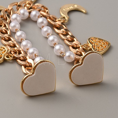 Pearl Plastic Beads & Heart & Moon & Teardrop Charms Link Chain Phone Case Double Chain Strap AJEW-WH0041-61G-1
